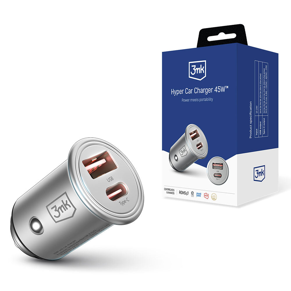 Car Charger 3MK Hyper, 45W, 3A, 1 x USB-A - 1 x USB-C, Silver