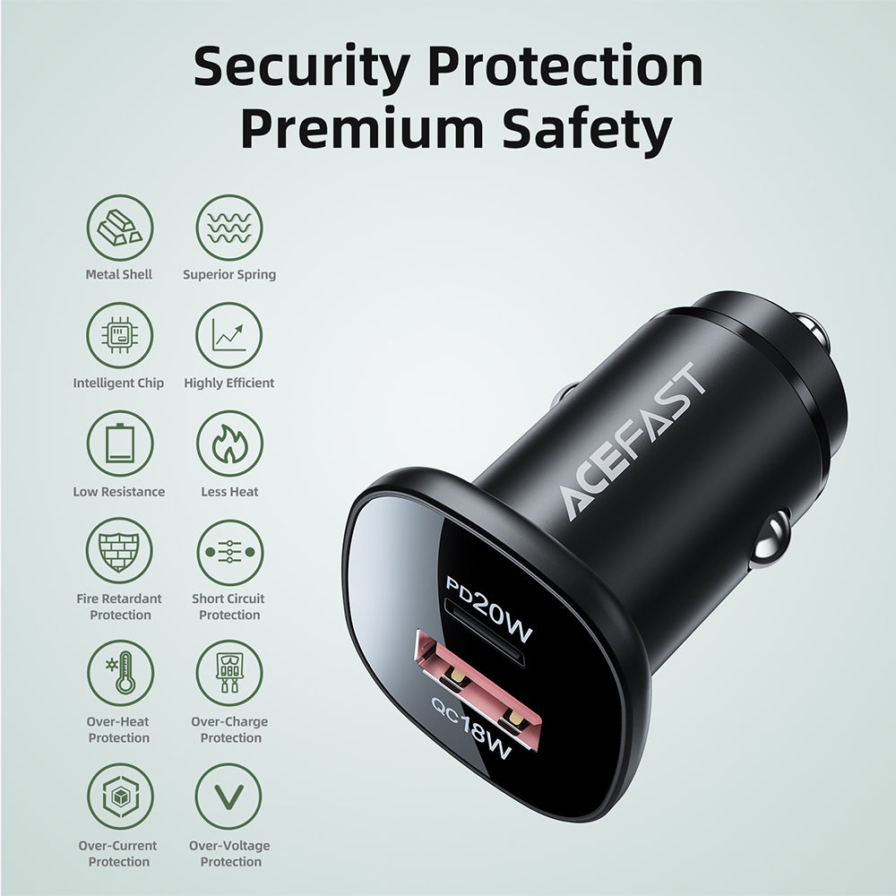 Auto nabíjačka Acefast B1, 38W, 3A, 1 x USB-A - 1 x USB-C, Čierna