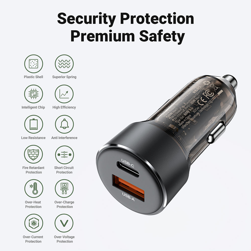 Auto nabíjačka Acefast B12, 60W, 3A, 1 x USB-A - 1 x USB-C, Čierna