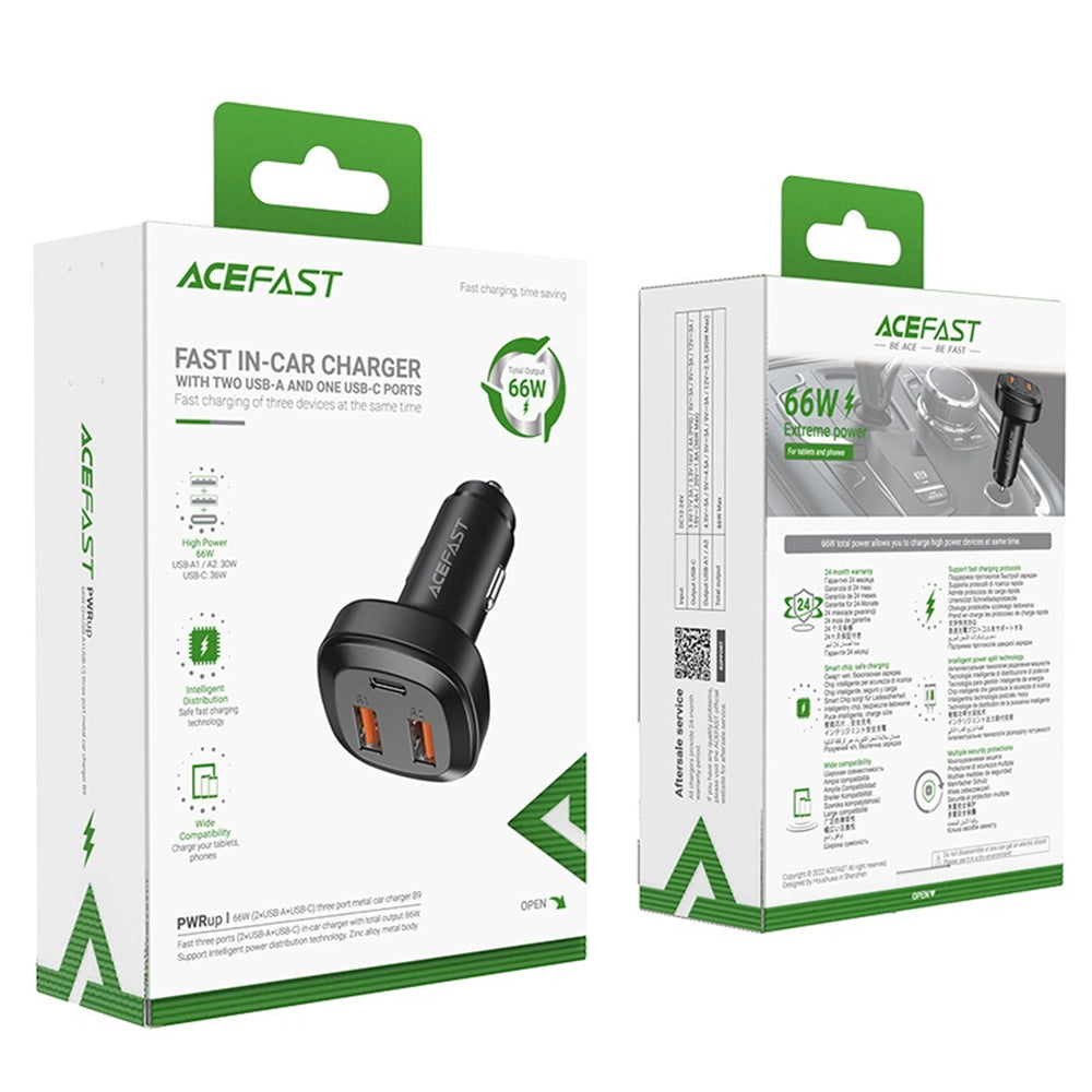 Auto nabíjačka Acefast B9, 66W, 5A, 2 x USB-A - 1 x USB-C, Čierna