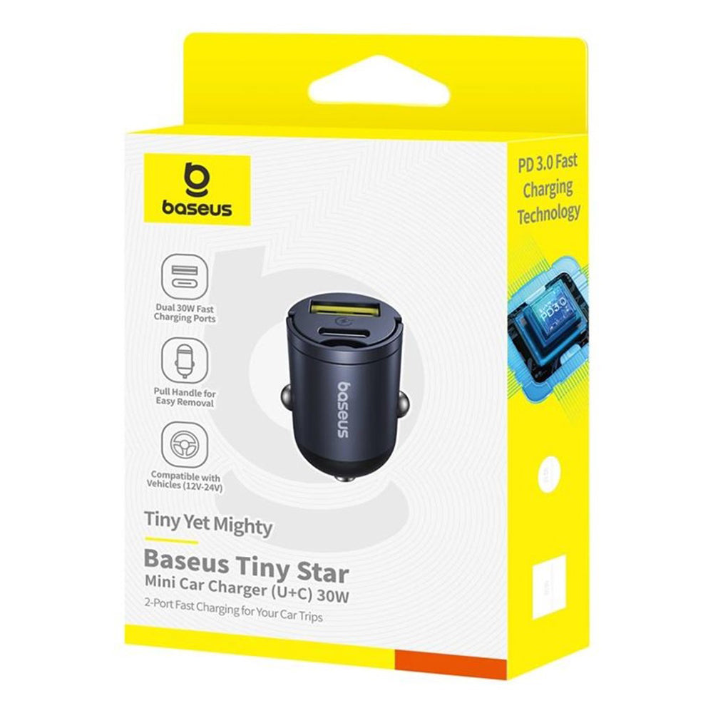 Baseus Tiny Star Car Charger, 30W, 3A, 1 x USB-A - 1 x USB-C, Black C00035001121-02