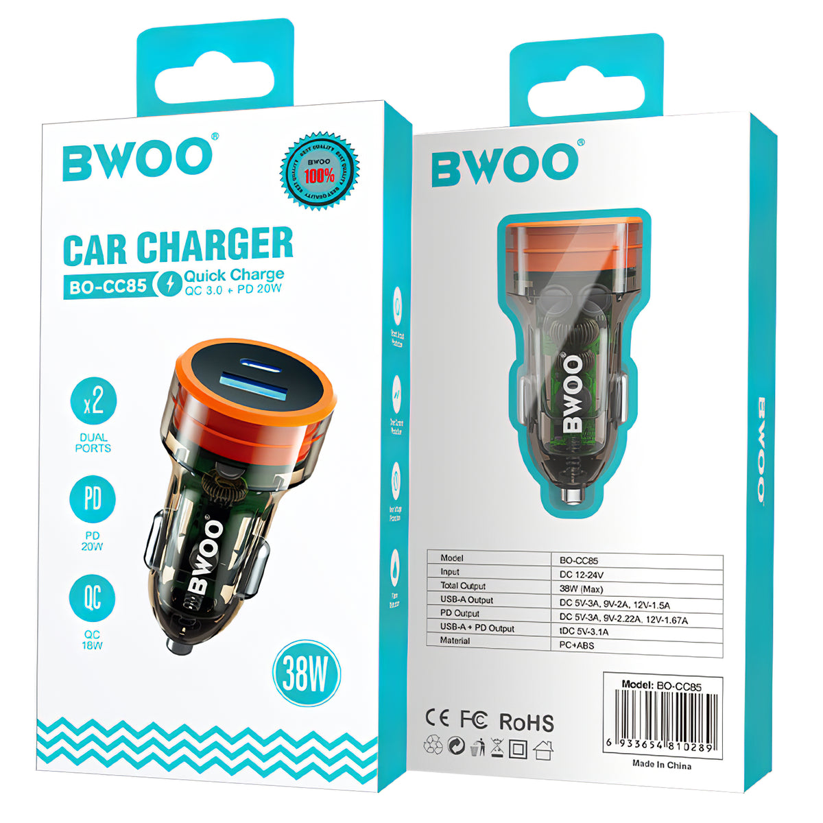 Car Charger BWOO BO-CC85, 38W, 3A, 1 x USB-A - 1 x USB-C, Black