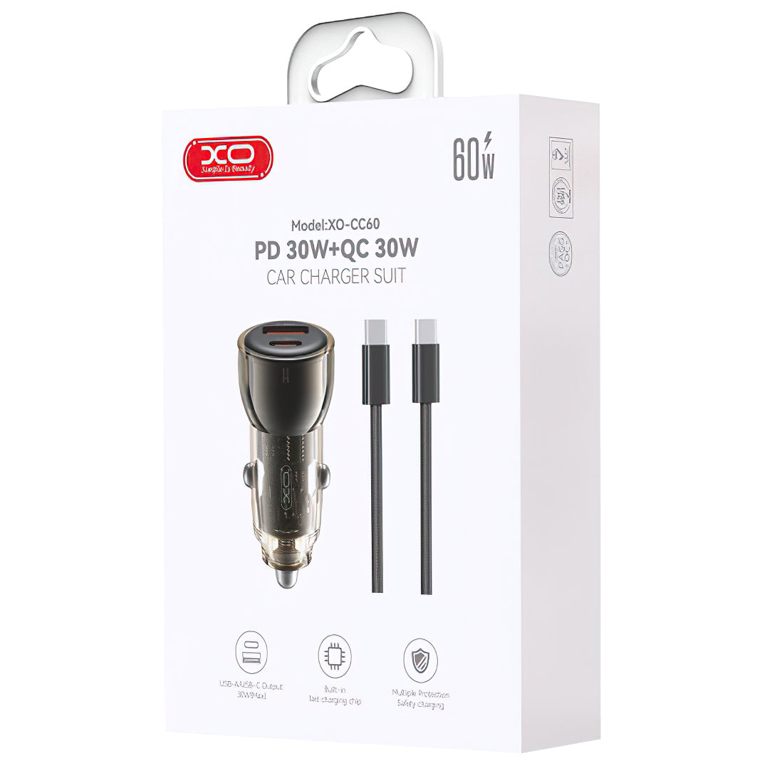 Auto nabíjačka s káblom USB-C XO Design CC60, 60W, 3A, 1 x USB-A - 1 x USB-C, Čierna