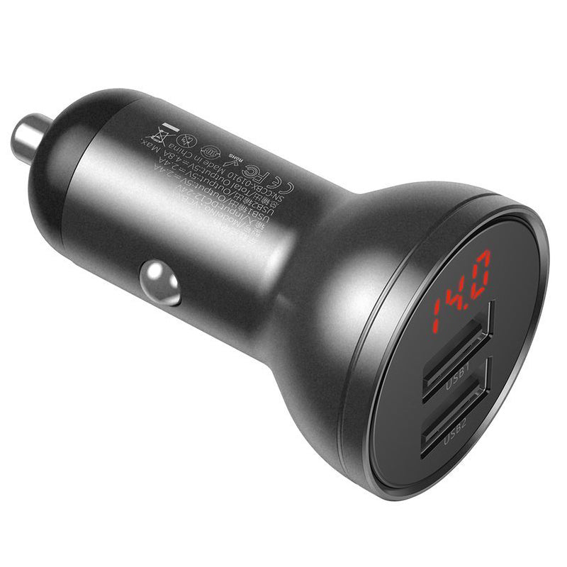 Car Charger with Lightning - microUSB - USB-C Cable Baseus Digital Display, 24W, 2.4A, 2 x USB-A, Grey TZCCBX-0G