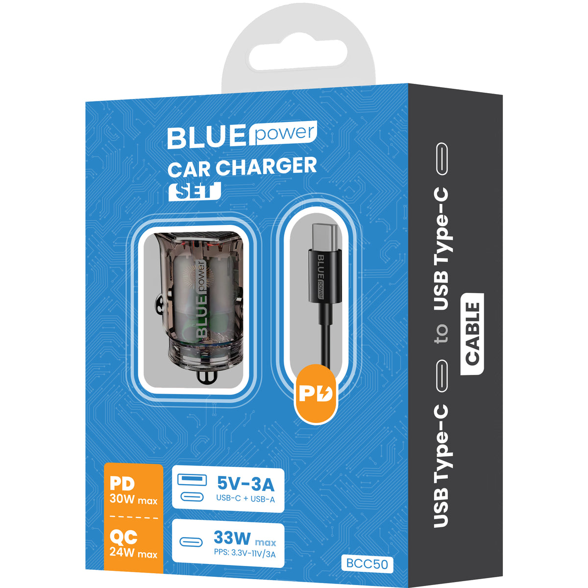 Nabíjačka do auta s káblom USB-C BLUE Power BCC50, 33 W, 3A, 1 x USB-A - 1 x USB-C, čierna