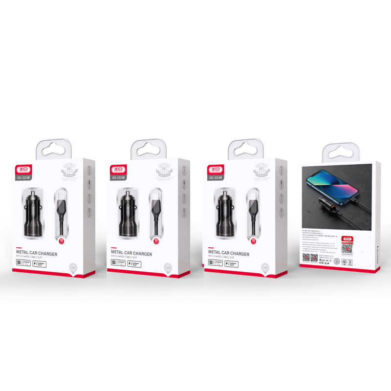 Auto nabíjačka s káblom USB-C XO Design CC48, 12W, 2.4A, 2 x USB-A, Sivá