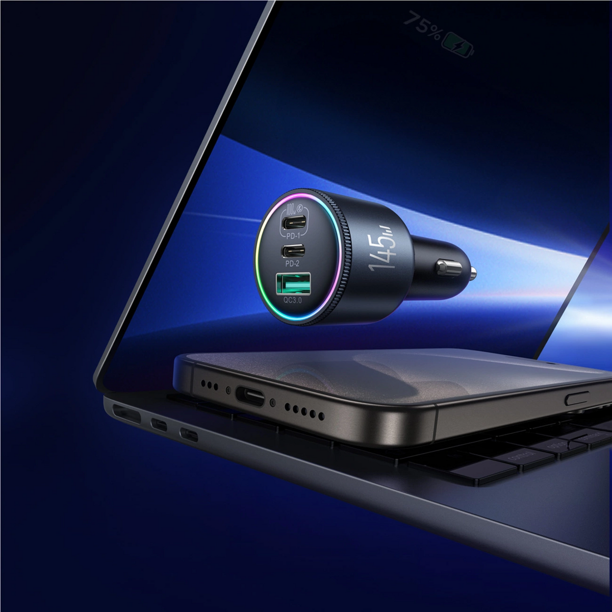 Autonabíjačka s káblom USB-C Joyroom JR-CCN07, 145W, 5A, 1 x USB-A - 2 x USB-C, Sivá
