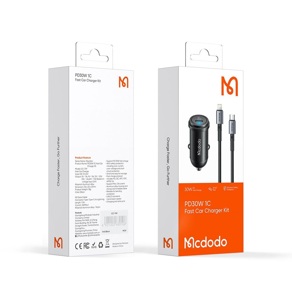 Auto nabíjačka s káblom Lightning McDodo CC-7492 Obsidian, 30W, 3A, 1 x USB-C, Čierna
