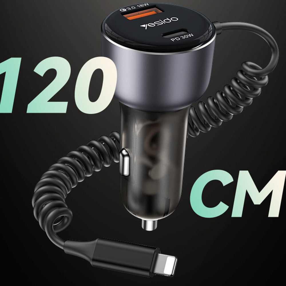 Auto nabíjačka s Lightning káblom Yesido Y57, 50W, 3A, 1 x USB-A - 1 x USB-C, Čierna