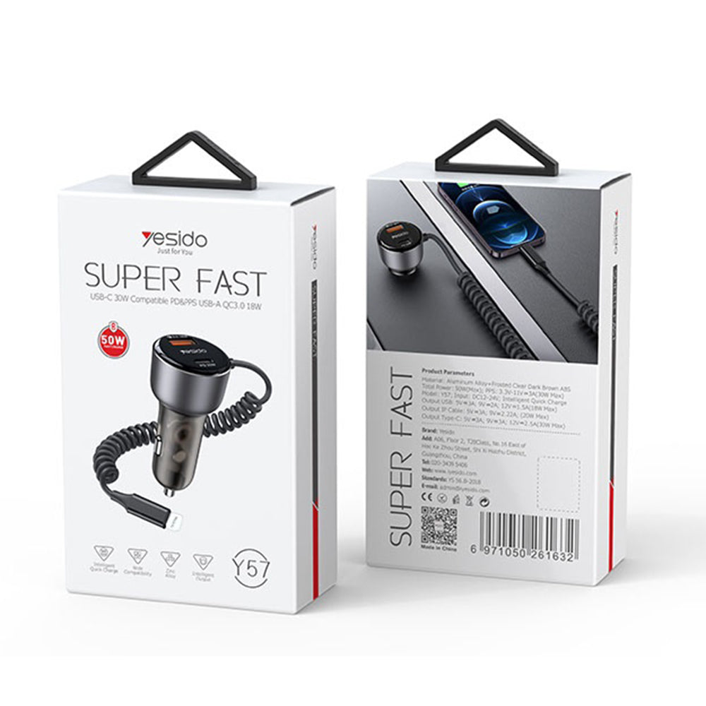 Auto nabíjačka s Lightning káblom Yesido Y57, 50W, 3A, 1 x USB-A - 1 x USB-C, Čierna