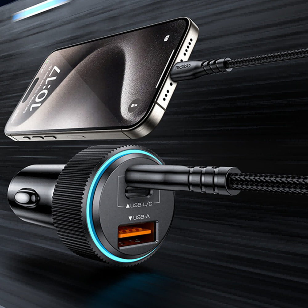 Auto nabíjačka s káblom Lightning Yesido Y60, 38W, 3A, 1 x USB-A - 2 x USB-C, Čierna