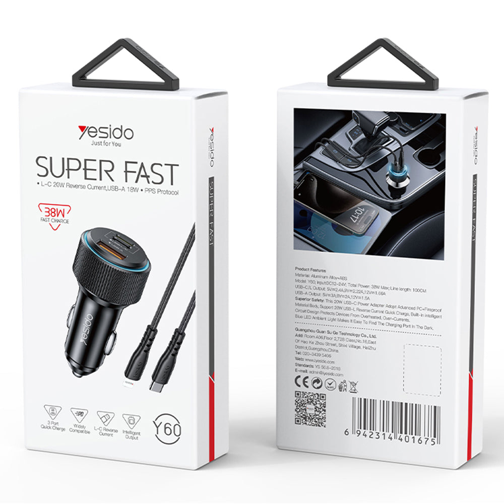 Auto nabíjačka s káblom Lightning Yesido Y60, 38W, 3A, 1 x USB-A - 2 x USB-C, Čierna