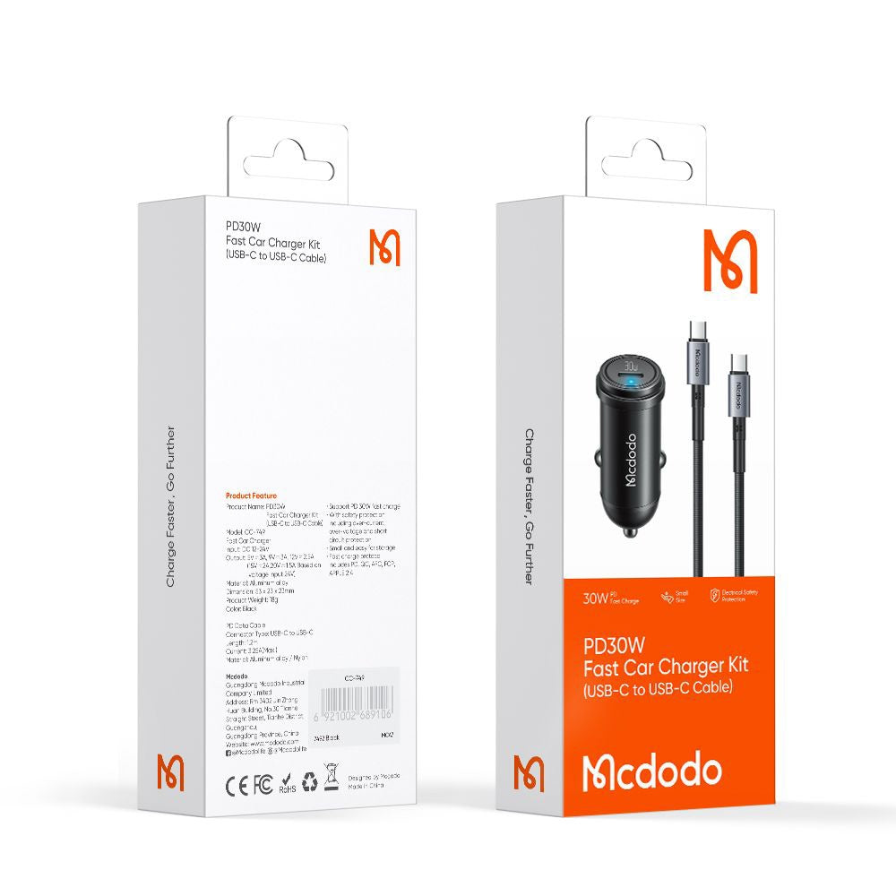 Auto nabíjačka s káblom USB-C McDodo CC-7493 Obsidian, 30W, 3A, 1 x USB-C, Čierna