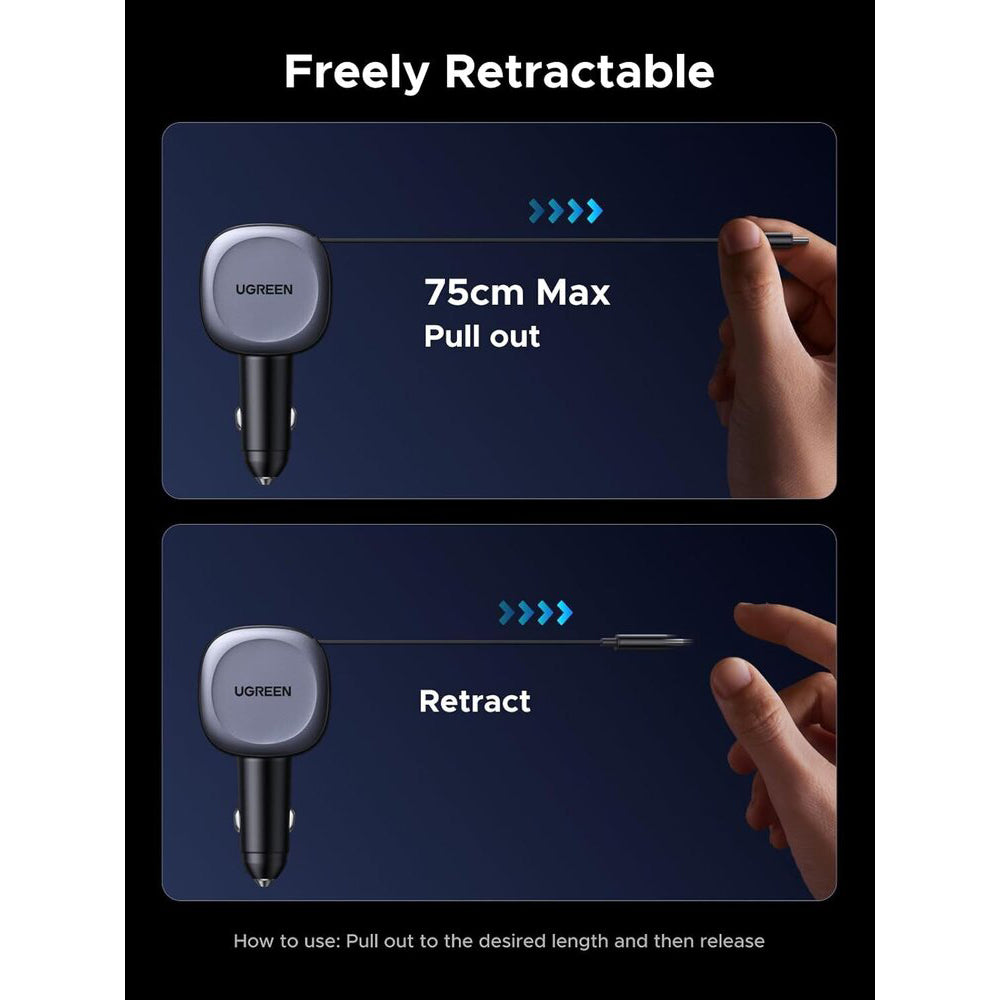 Auto nabíjačka s USB-C káblom UGREEN EC601, 75W, 3A, 1 x USB-A - 1 x USB-C, Sivá