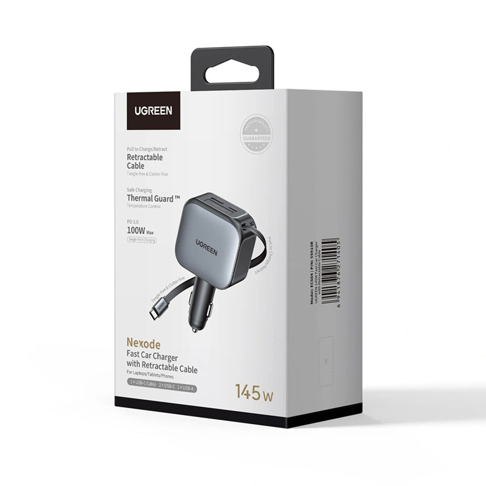 Auto nabíjačka s USB-C káblom UGREEN EC604 (55910B) Nexode, 145W, 1 x USB-A - 2 x USB-C, Čierna
