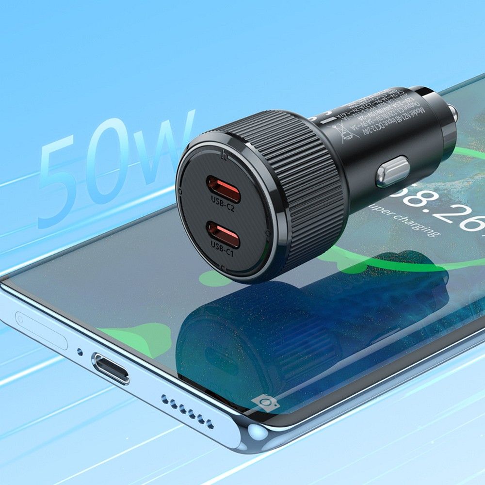 Auto nabíjačka HOCO NZ14B, 50W, 3A, 2 x USB-C, Čierna
