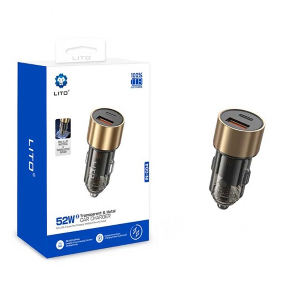 Auto nabíjačka Lito IN-C04, 52W, 3A, 1 x USB-A - 1 x USB-C, Čierna