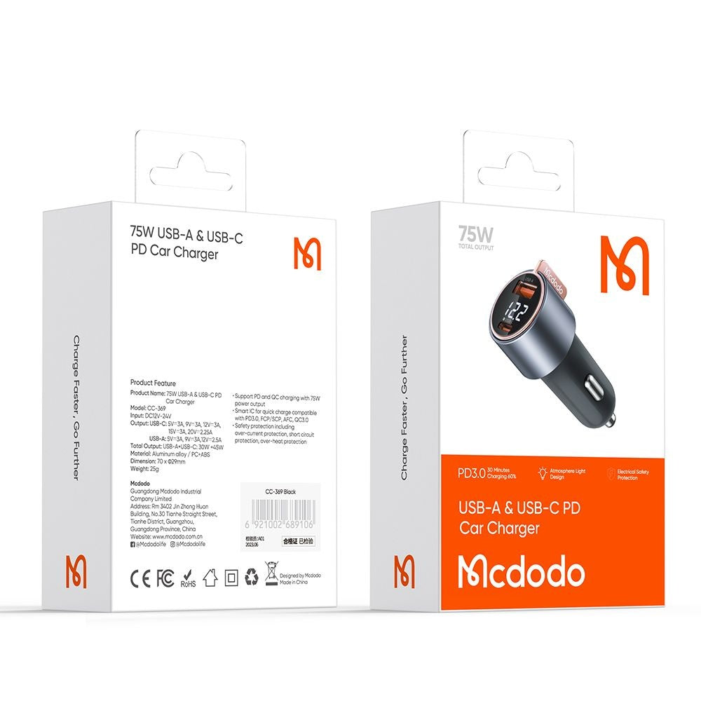 Auto nabíjačka McDodo CC-3690 Venus Display, 75W, 3A, 1 x USB-A - 1 x USB-C, Čierna