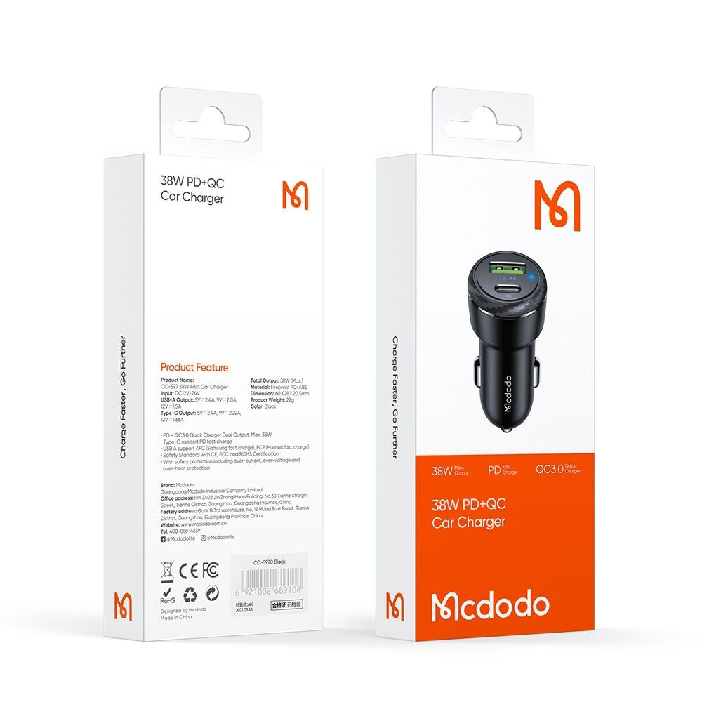 Auto nabíjačka McDodo CC-5970, 38W, 3A, 1 x USB-A - 1 x USB-C, Čierna