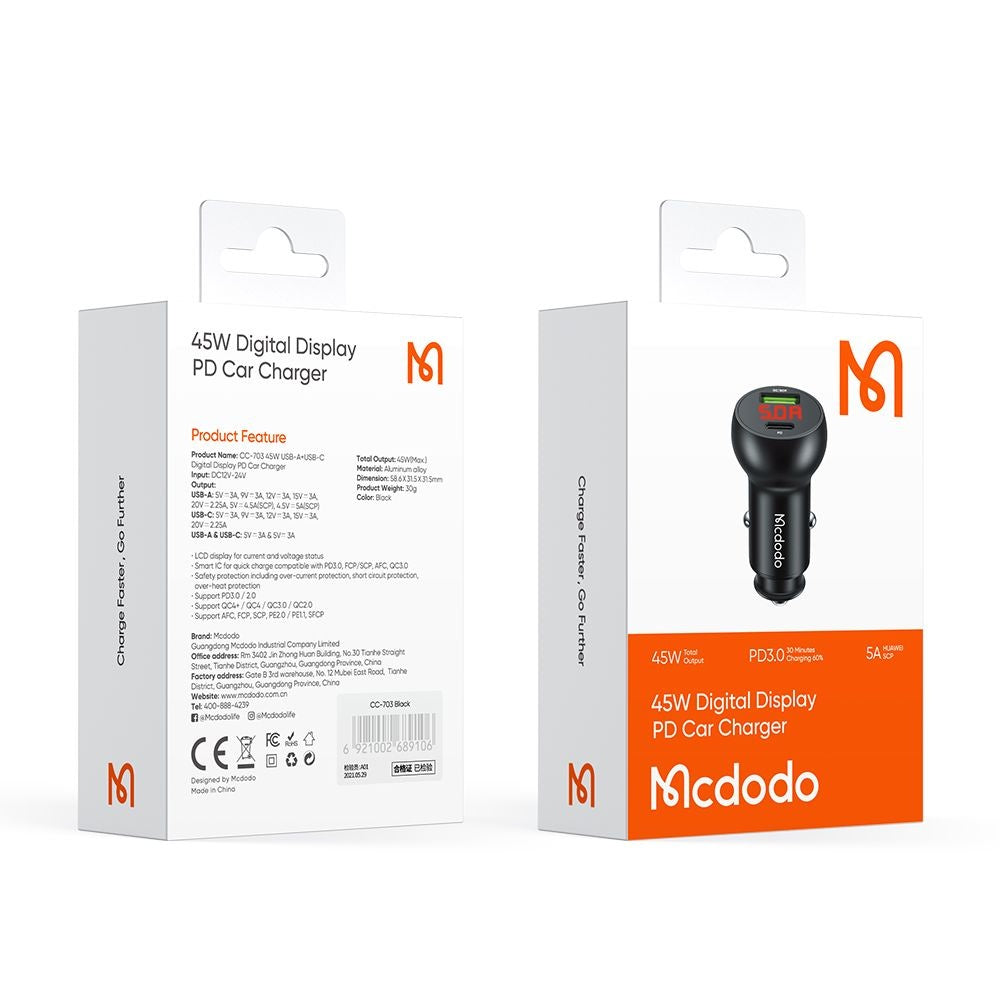 Auto nabíjačka McDodo CC-7030 Display, 45W, 5A, 1 x USB-A - 1 x USB-C, Čierna