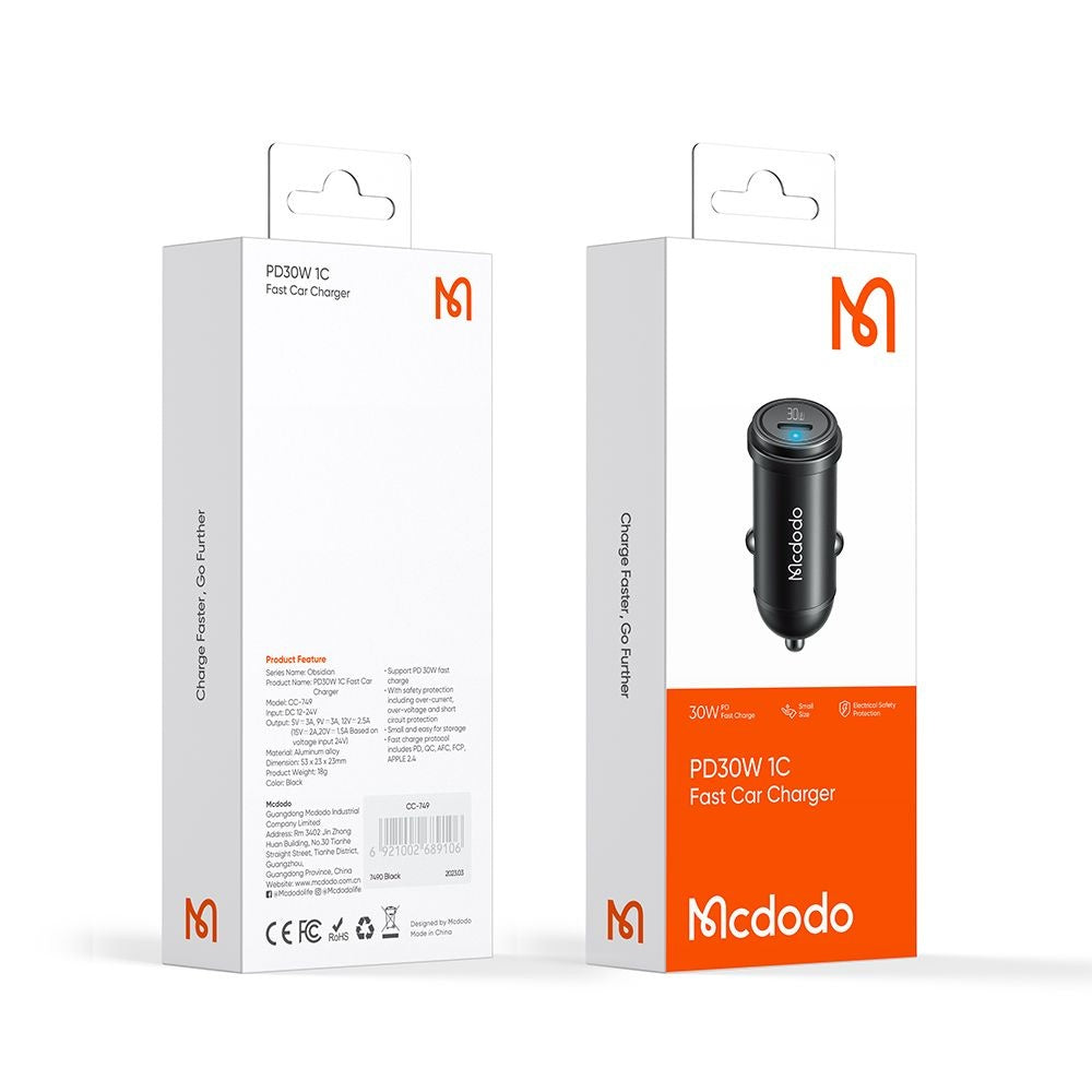 Auto nabíjačka McDodo CC-7491 Obsidian, 30W, 3A, 1 x USB-C, Čierna