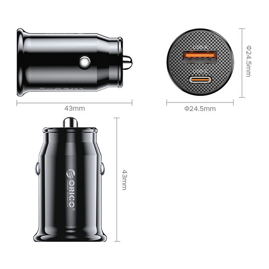 Autonabíjačka Orico PowerMini, 30W, 3A, 1 x USB-A - 1 x USB-C, Čierna