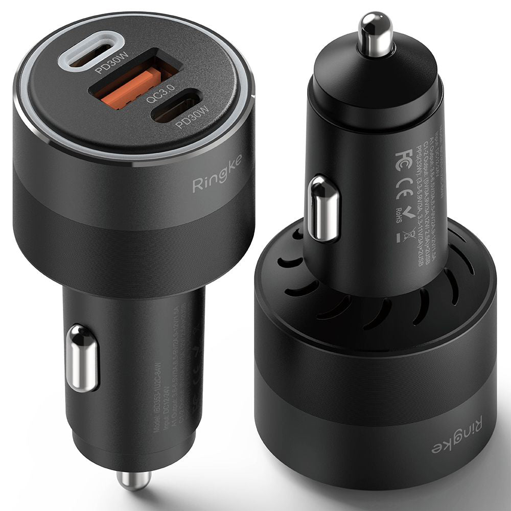 Auto nabíjačka Ringke, 30W, 3A, 1 x USB-A - 2 x USB-C, Čierna