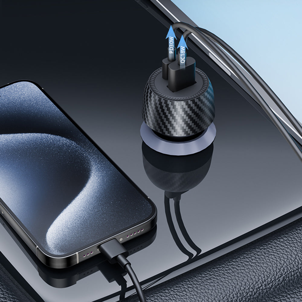 Auto nabíjačka Techsuit C7 CarbonVolt, 48W, 3A, 1 x USB-A - 1 x USB-C, Čierna