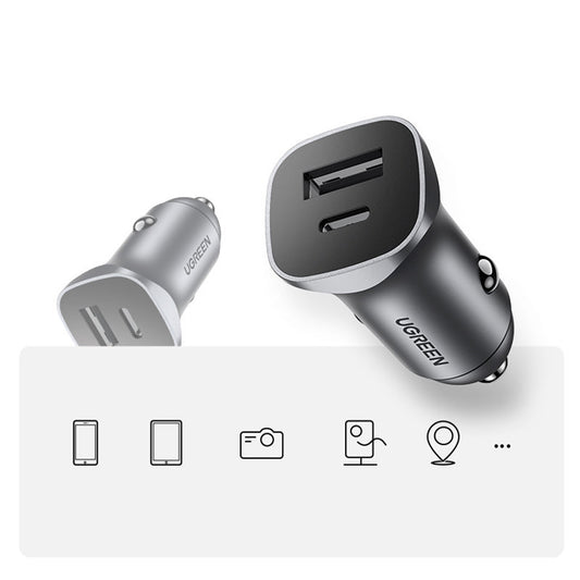 Auto nabíjačka UGREEN CD130, 24W, 3A, 1 x USB-A - 1 x USB-C, Sivá
