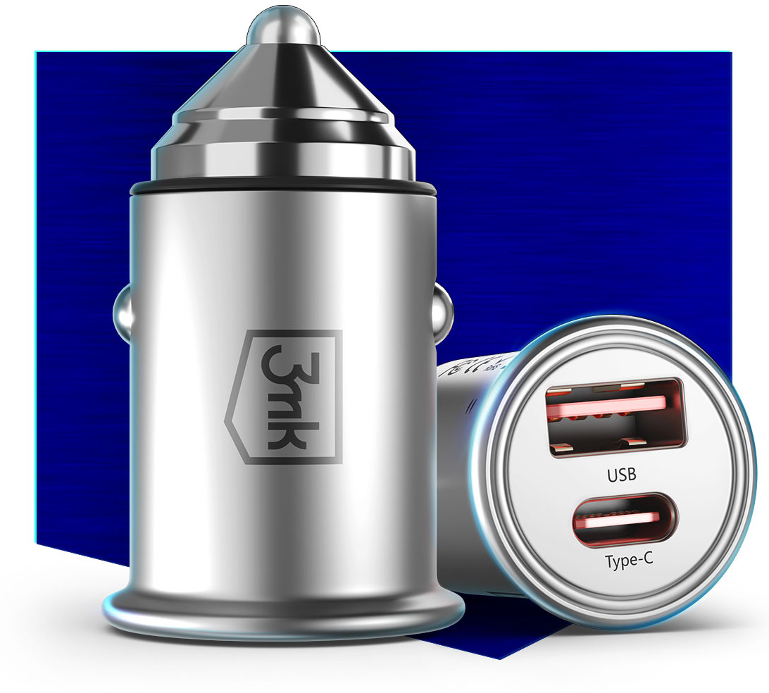 Car Charger 3MK HyperCharger, 30W, 5A, 1 x USB-A - 1 x USB-C, Silver