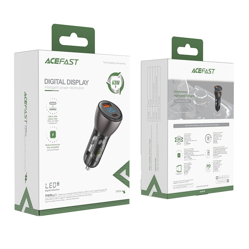 Auto nabíjačka Acefast B6, 63W, 3,6A, 1 x USB-A - 1 x USB-C, čierna