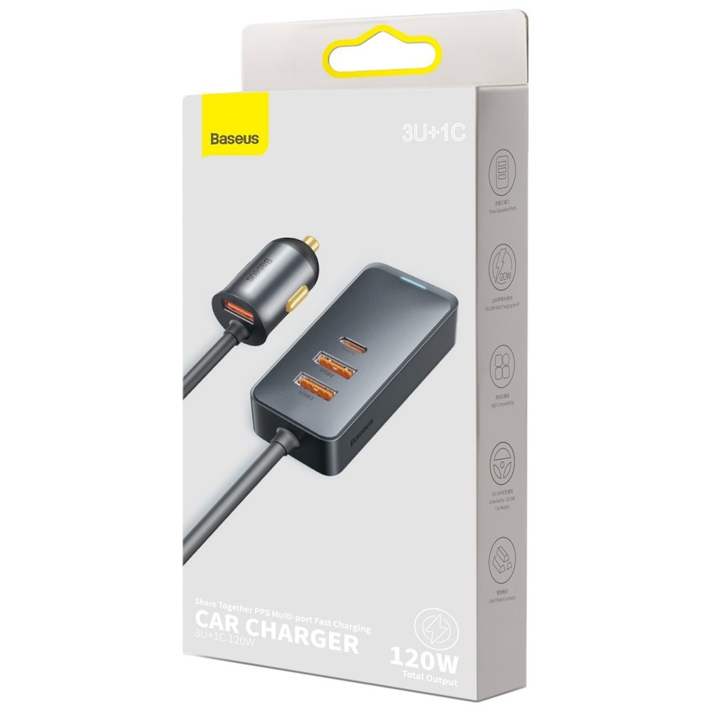 Auto nabíjačka Baseus Share Together, 120W, 3A, 3 x USB-A - 1 x USB-C, sivá CCBT-B0G