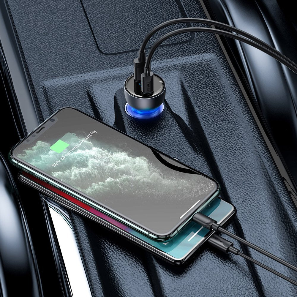 Auto nabíjačka Baseus, 65W, 5A, 1 x USB-A - 1 x USB-C, Sivá CCKX-C0A
