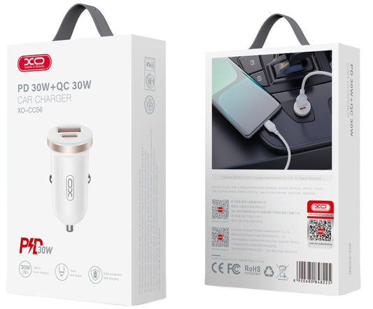 Auto nabíjačka XO Design CC56, 30W, 3A, 1 x USB-A - 1 x USB-C, Biela