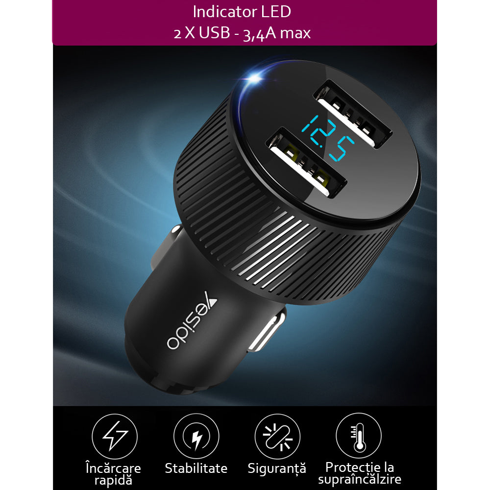Auto nabíjačka Yesido Y31 Display, 18W, 3A, 2 x USB-A, Čierna
