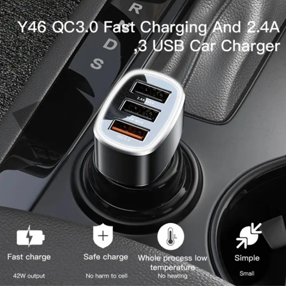 Auto nabíjačka Yesido Y46, 42W, 3A, 3 x USB-A, Čierna