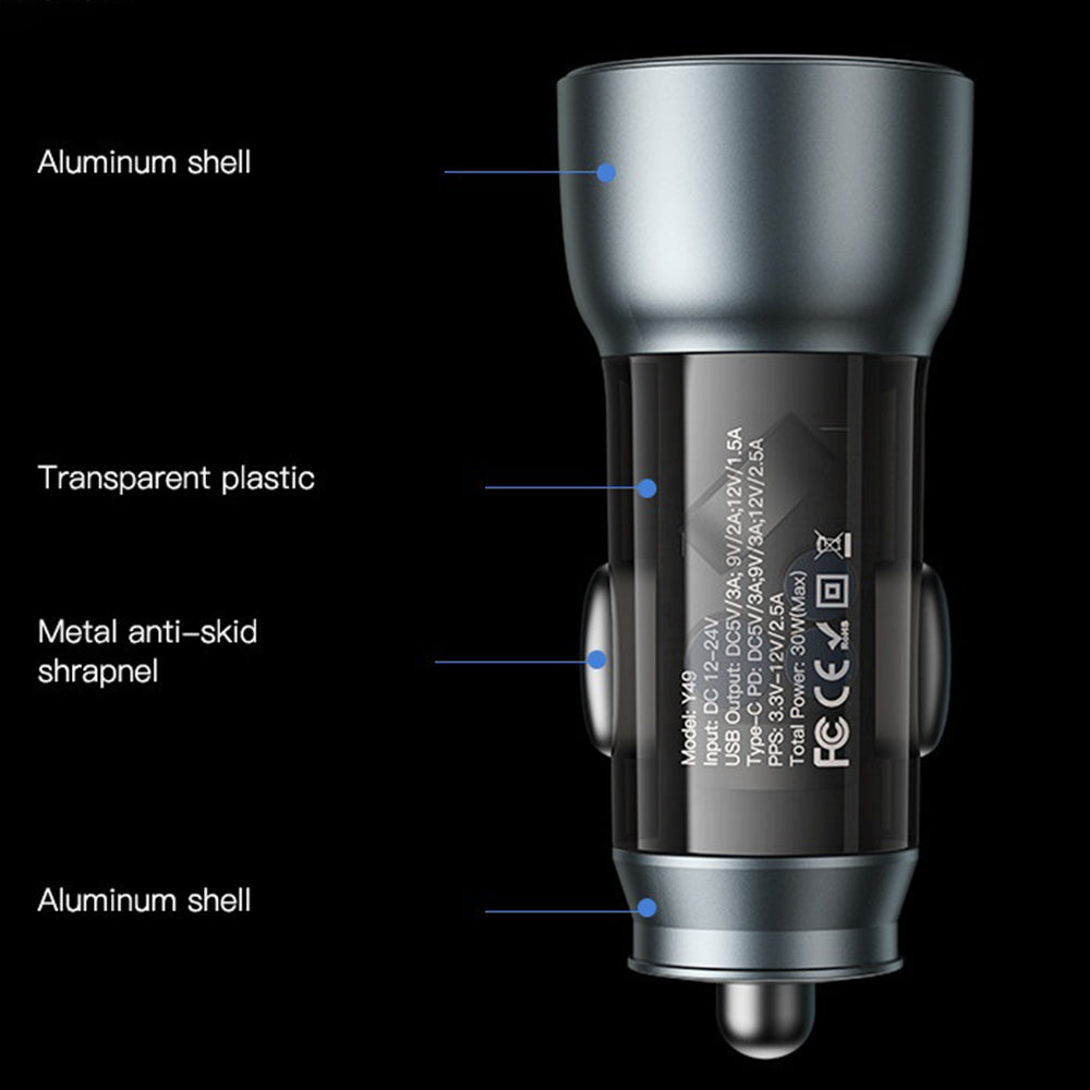 Auto nabíjačka Yesido Y49, 30W, 3A, 1 x USB-A - 1 x USB-C, Sivá