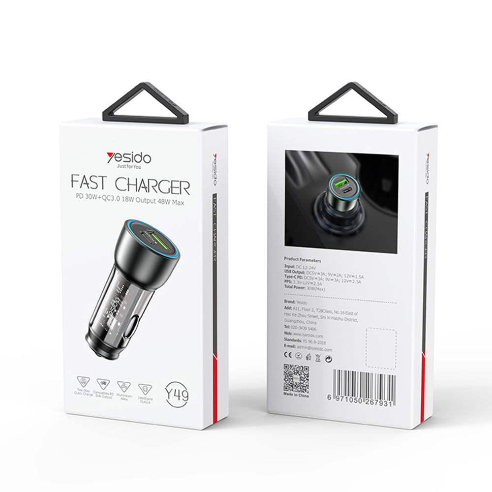 Auto nabíjačka Yesido Y49, 30W, 3A, 1 x USB-A - 1 x USB-C, Sivá