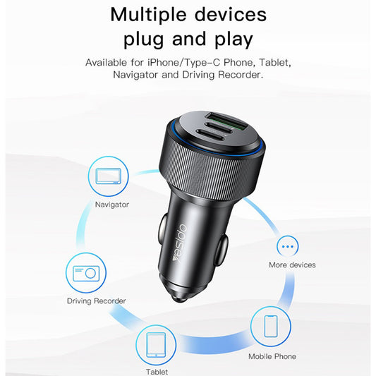 Auto nabíjačka Yesido Y50, 60W, 3A, 1 x USB-A - 2 x USB-C, Čierna