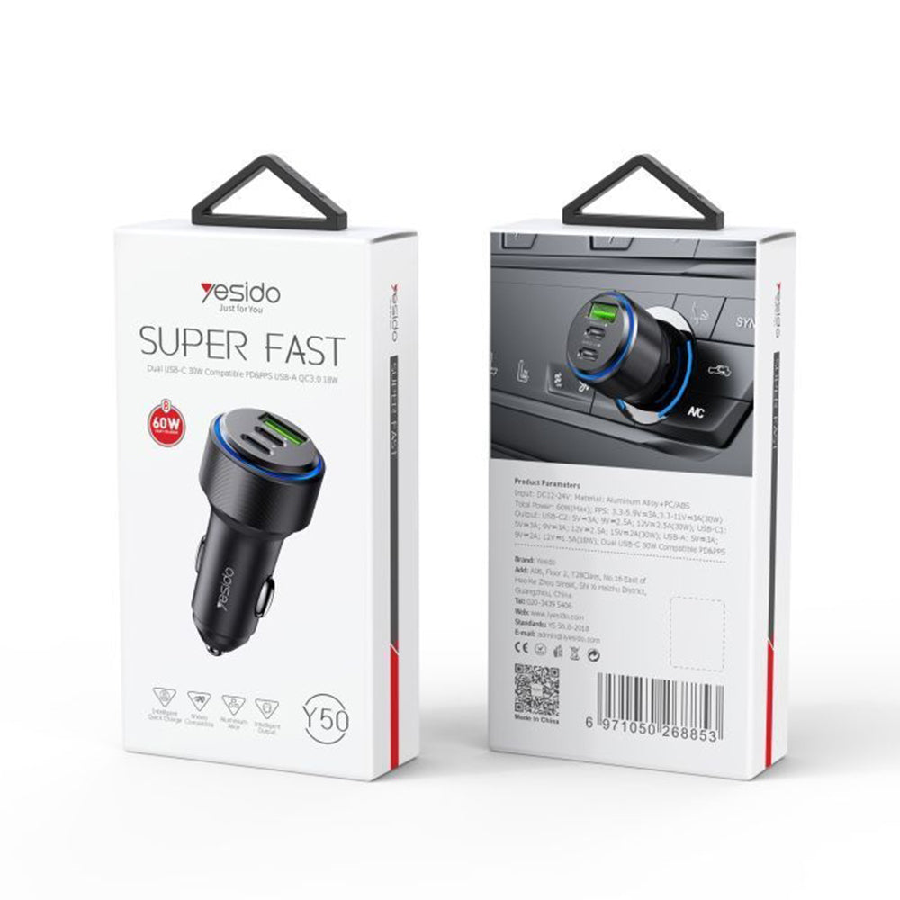 Auto nabíjačka Yesido Y50, 60W, 3A, 1 x USB-A - 2 x USB-C, Čierna