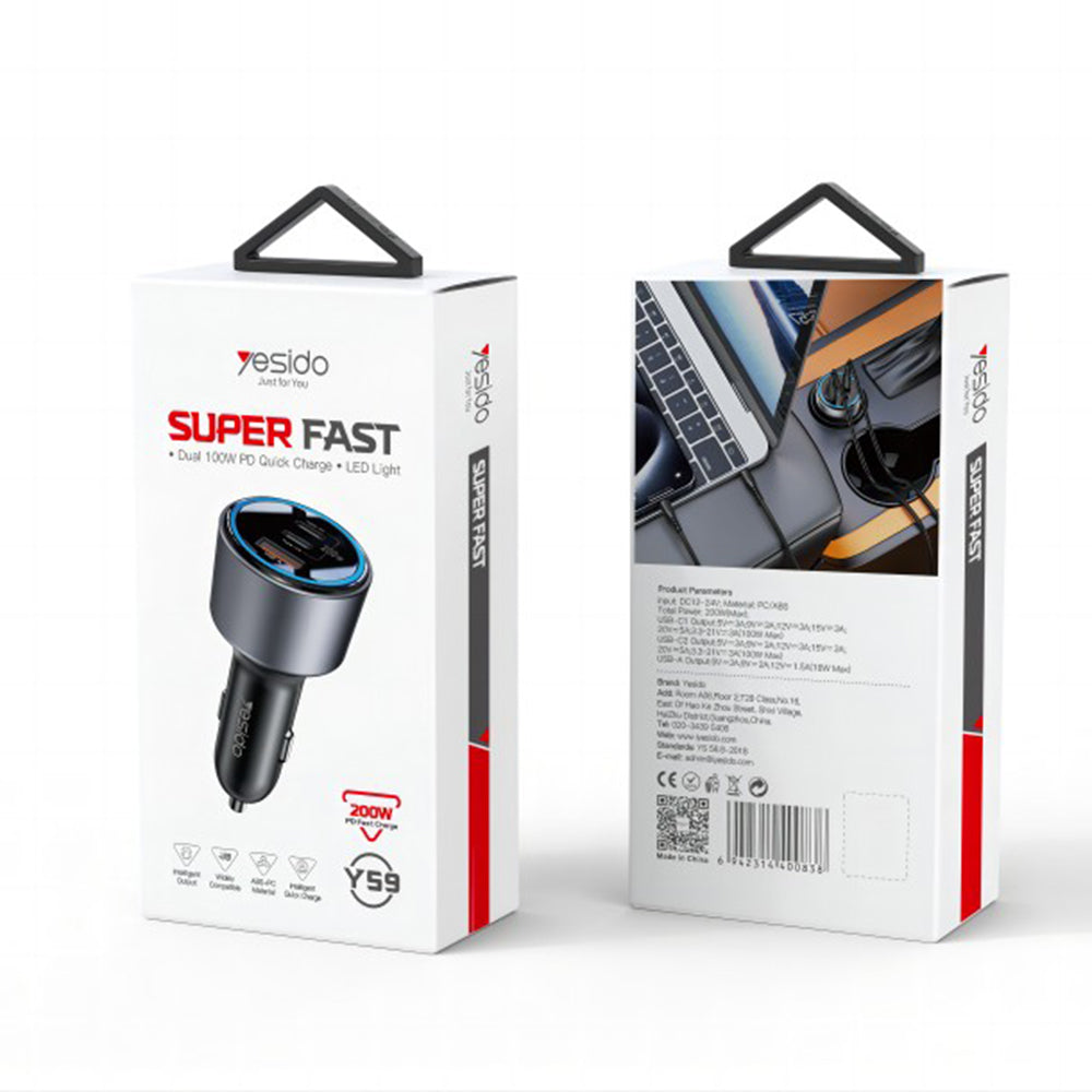 Auto nabíjačka Yesido Y59, 200W, 5A, 1 x USB-A - 2 x USB-C, Čierna
