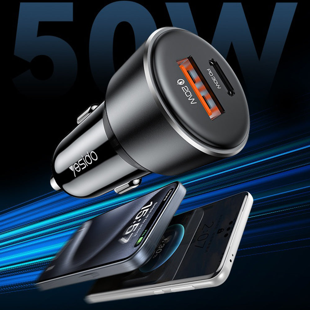 Auto nabíjačka Yesido Y64, 50W, 3A, 1 x USB-A - 1 x USB-C, Čierna