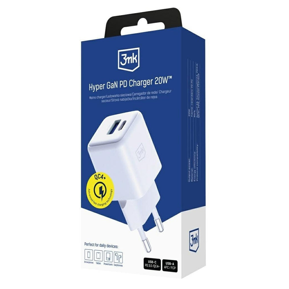 Sieťová nabíjačka 3MK Hyper, 20W, 3A, 1 x USB-A - 1 x USB-C, Biela