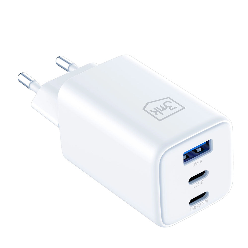 Sieťová nabíjačka 3MK Hyper, 65W, 3.25A, 1 x USB-A - 2 x USB-C, Biela