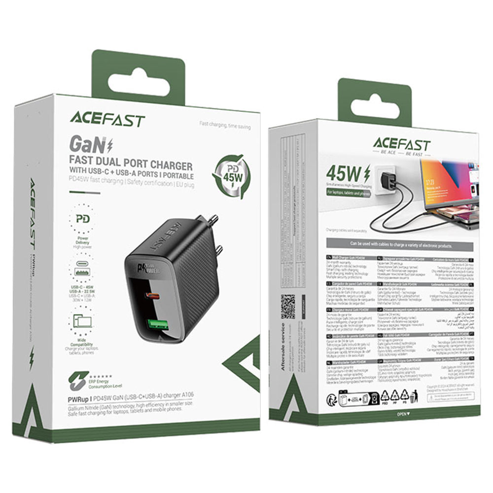 Sieťová nabíjačka Acefast A106, 45W, 3A, 1 x USB-A - 1 x USB-C, Čierna