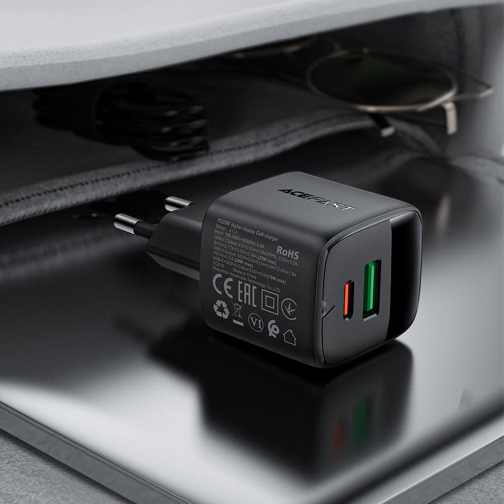 Sieťová nabíjačka Acefast A114 Display, 25W, 3A, 1 x USB-A - 1 x USB-C, čierna
