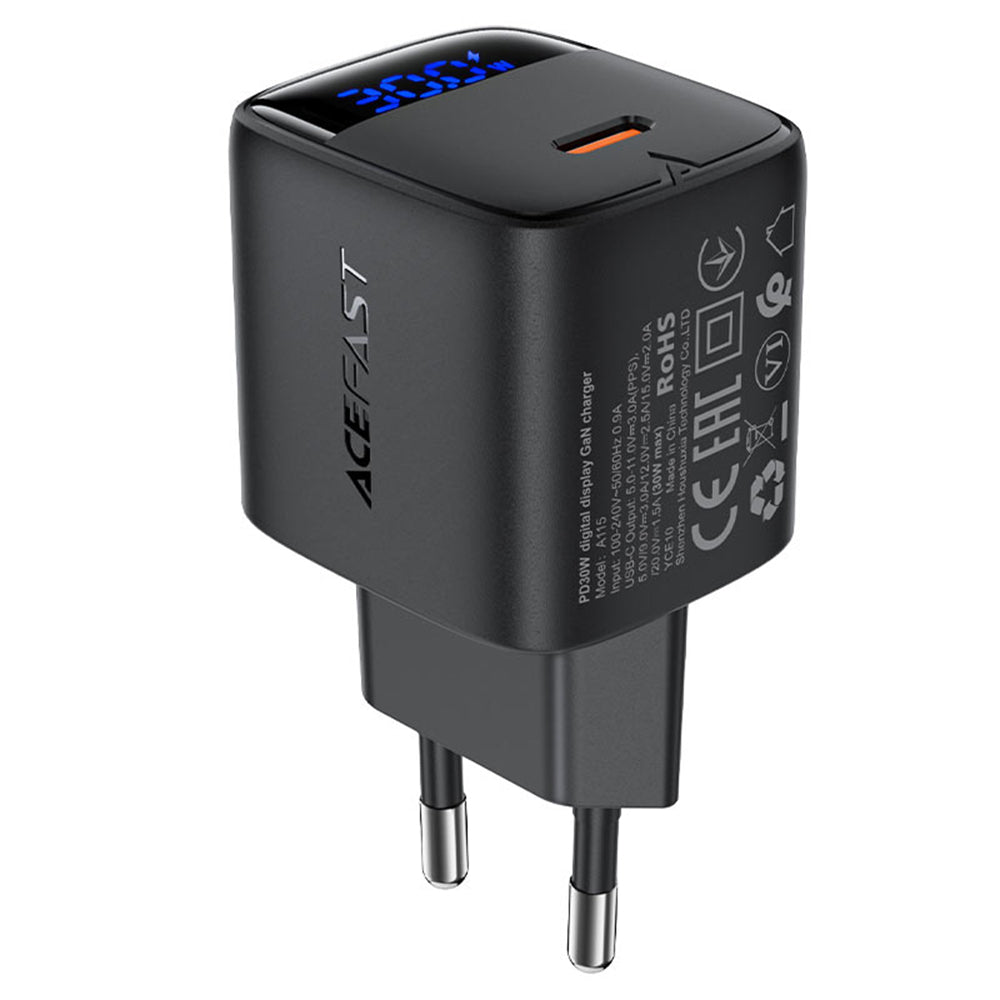 Sieťová nabíjačka Acefast A115 Display, 30W, 3A, 1 x USB-C, Čierna