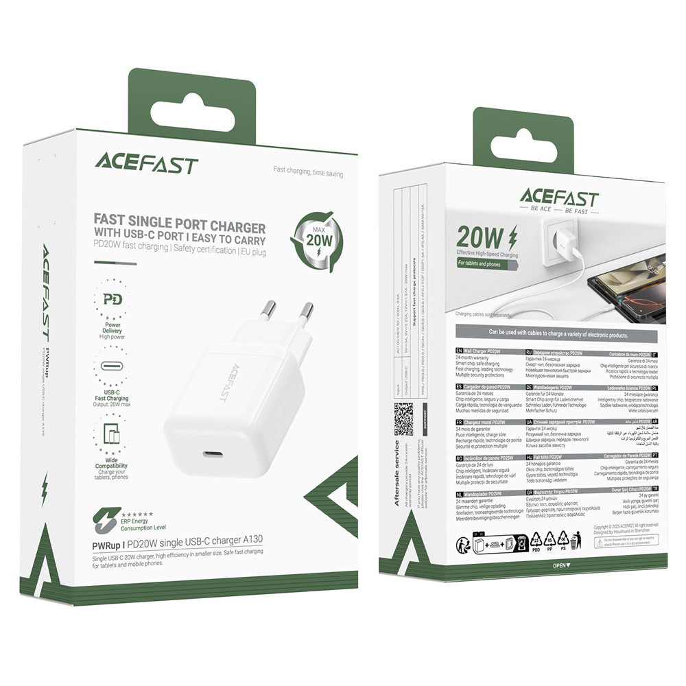 Sieťová nabíjačka Acefast A130, 20W, 3A, 1 x USB-C, Biela