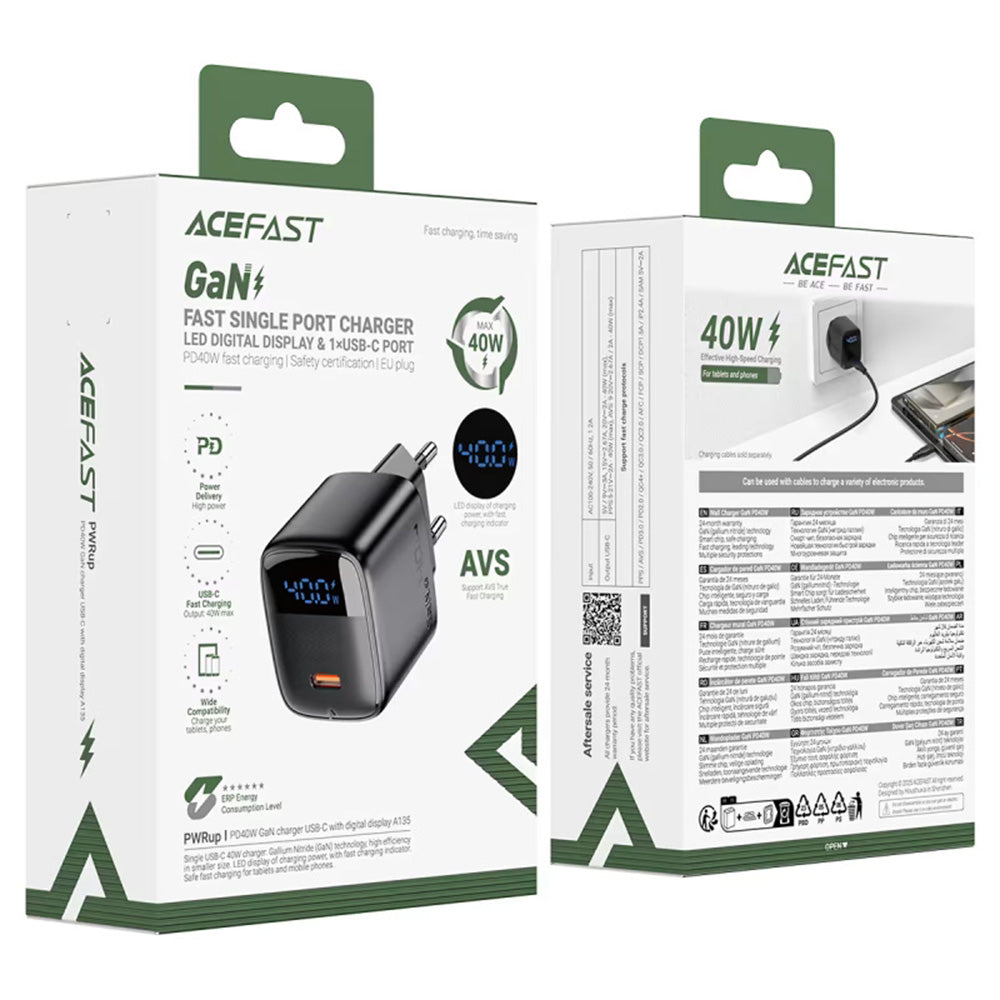 Sieťová nabíjačka Acefast A135 Display, 45W, 3A, 1 x USB-C, Čierna