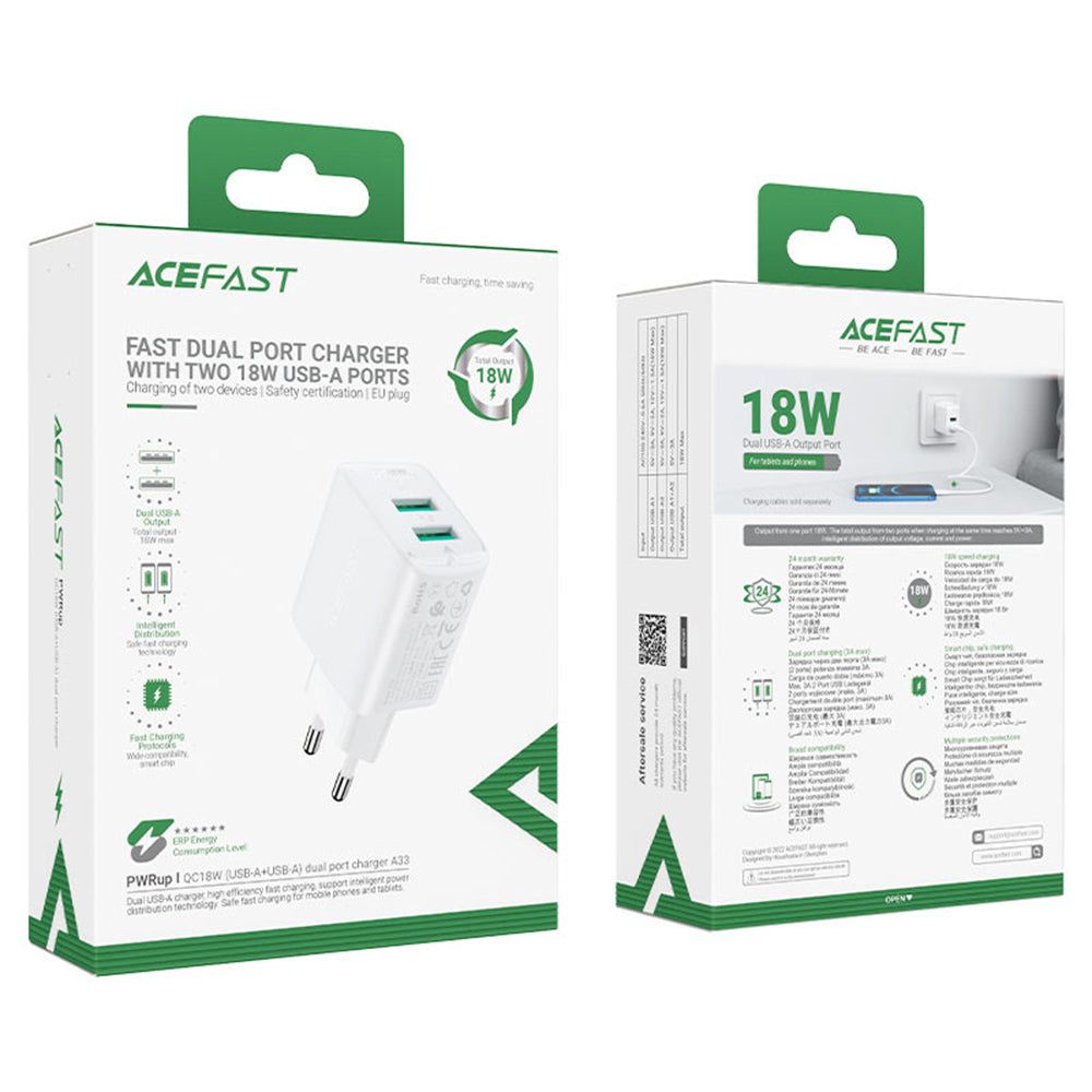 Sieťová nabíjačka Acefast A33, 18W, 3A, 2 x USB-A, Čierna